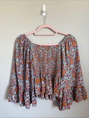 Cowgirl Boho Floral Boots Off-Shoulder Top in Light Blue and Rust Western M